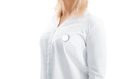 Blank white round silver lapel badge mock up woman chest side view. Empty hard enamel pin mockup...