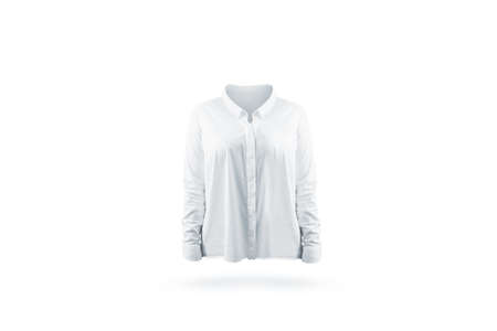 Blank white classic woman shirt mock up front view, isolated. Empty office jacket with long sleeves mockup. Clear casing with collar uniform templateの写真素材