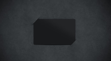 Blank black paper card holder mockup top view, 3d rendering. Empty dark plastic card inside paper sheet mock up. Customer loyal booklet templateの写真素材