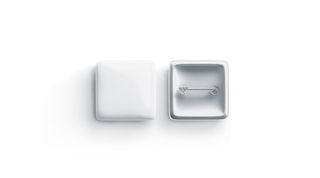 Blank white square badge mock up, front and back side, isolated, 3d rendering. Empty clear pin emblem mock up top view. Quadratic plastic volunteer label template.の写真素材