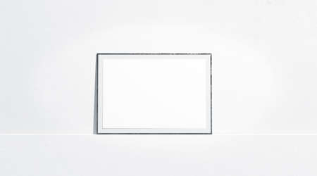 Blank white horizontal paper poster mock up stand at gallery wall, front view, isolated, 3d rendering. Empty placard with frame in museum mockup. Clear photo art cadre templateの写真素材