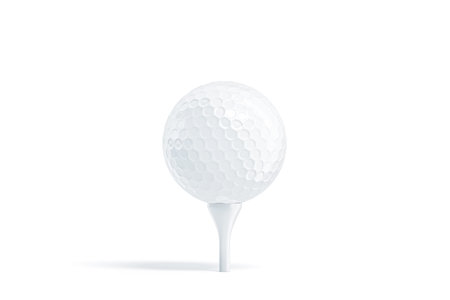 Blank white golf ball on tee mockup, stand isolated, 3d rendering. Empty golfing sphere mock up, front view. Clear sport plastic round bal template.の写真素材