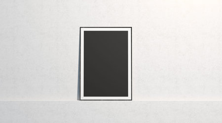 Blank black paper poster mock up, stand at white gallery wall, isolated, 3d rendering. Empty art...