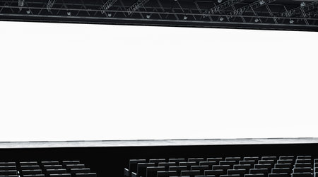 Blank white large screen in presentation hall mockup, left side view, 3d rendering. Empty cinema...