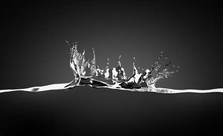 Blank water splash in motion mock up, on black background, 3d rendering. Empty translucent aqua surface mock up. Clear wave with ripple and drops. Liquid splashing template.の写真素材