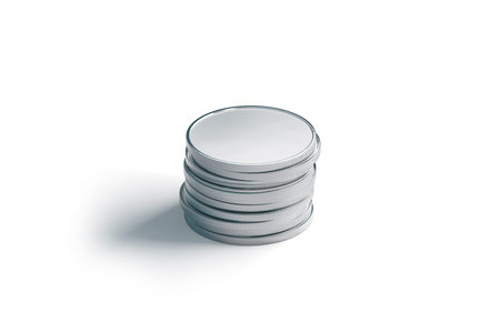 Blank silver coin stack mock up, isolated, 3d rendering. Empty argent money heap mockup. Clear penny...