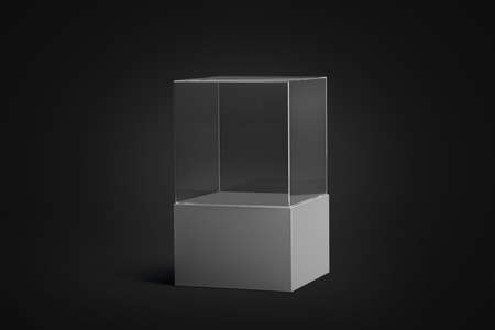 Blank white glass showcase mockup, isolated in darkness, side view, 3d rendering. Empty transparent cube on black background mock up. Glass acryl podium for presentation. Crystal display for expo.の写真素材