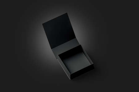 Blank black opened gift box mockup, isolated in darkness, 3d rendering. Empty celebration case mock up. Mystery prize for ring. Square package with cup for luxury present template.の写真素材