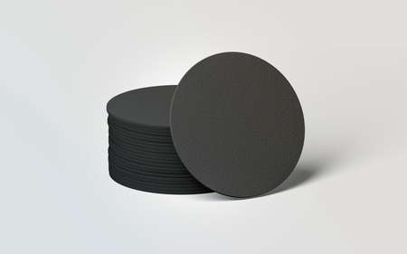 Blank black round beer coasters stack mockup, 3d rendering. Empty protection display mock up. Clear cardboard holder for beer or hot drink. Pile of label holder template for bar branding.の写真素材