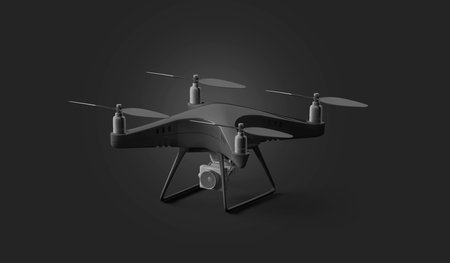 Blank black quadcopter mockup, stand isolated on dark background, 3d rendering. Empty fly...