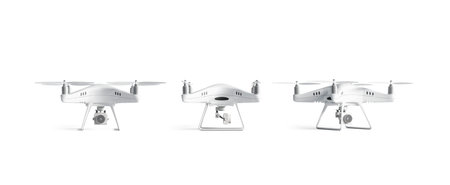 Blank white quadrocopter mockup set, stand isolated, front and side view, 3d rendering. Empty aero gadget mock up. Clear surveillance helicopter with propeller template.の写真素材