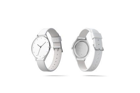 Blank white watch wristlet mockup, isolated, front and back side, 3d rendering. Empty glass screen...
