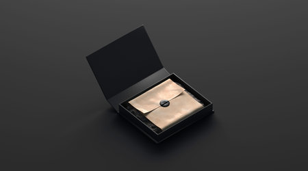 Blank black box with gift mockup with sticker isolated on dark background, 3d rendering. Empty...