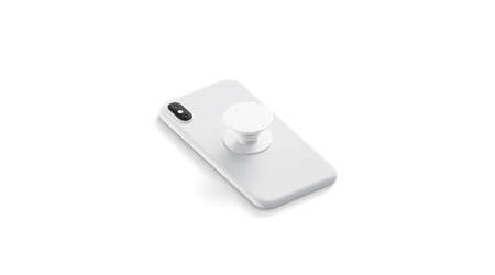 Blank white phone pop socket sticked on mobile mock up, lying isolated, side view, 3d rendering. Empty popsocket round holder for smartphone mock up. Clear stand attach grip on the back of mobile.の写真素材