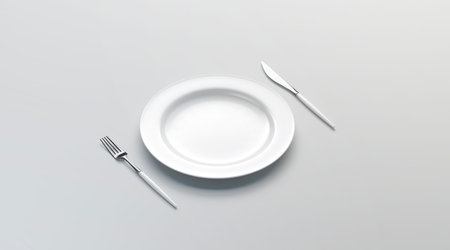 Blank white plate mockup with fork and knife, side view isolated, 3d rendering. Clear dish with...