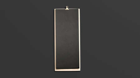 Blank black cafe menu, wooden board mock up, 4 inch, top view, 3d rendering. Empty wooden clipboard with dark paper sheet mockup isolated. Clear restaurant or bar white carte template.の写真素材