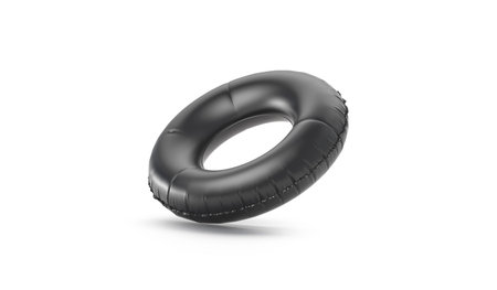 Blank black swim ring no gravity mockup isolated, 3d rendering. Clear dark circle mock up for relaxing on cruise. Empty summer inflatable lifebuoy. Clean round swimming donut for pool template.の写真素材