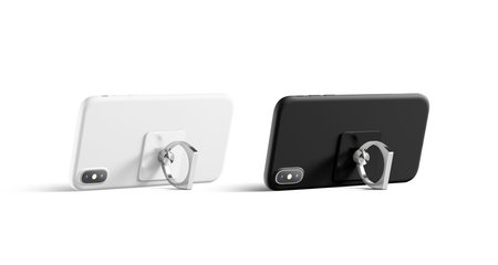 Blank black and white finger grip sticked on mobile phone mock up, isolated, side view, 3d...