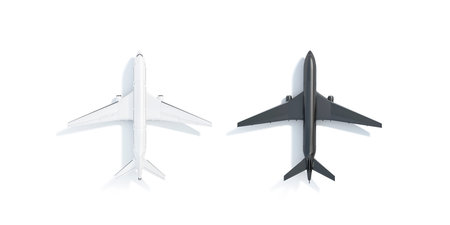 Blank black and white airplane mockup stand, top view isolated, 3d rendering. Empty commercial...