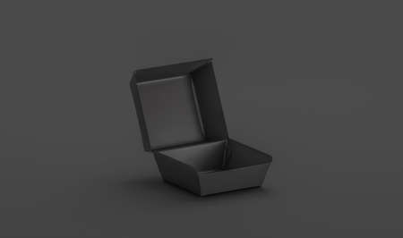 Blank black opened burger box mockup, isolated on dark backgroundの写真素材