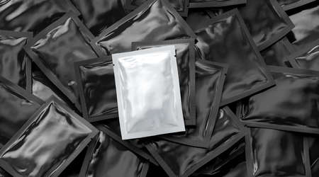 Blank white sachet packet on black big stack mockupの写真素材