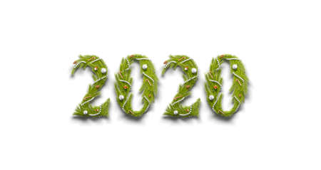 Decorative 2020 numbers isolated, new year font on white, 3d rendering. Numeral twenty symbol type decorated with branches, balls, pine cones and garlands. Xmas letters with date template.の写真素材