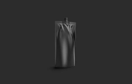 Blank black sause doy pack mock up, on dark backgroundの写真素材