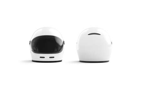 Blank white moto helmet with glass mockup, front and backの写真素材