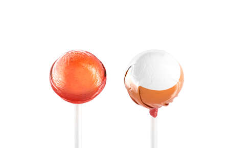 Blank red lollipop pack with white round label mockupの写真素材