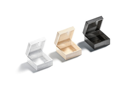 Blank black, white, wood opened gift box mockup, side view, 3d rendering