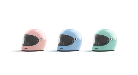 Blank colored racer helmet with glass mockup, half-turned view, 3d renderingの写真素材