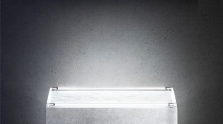 Blank whihe square glowing pedestal mockup stand near black wall