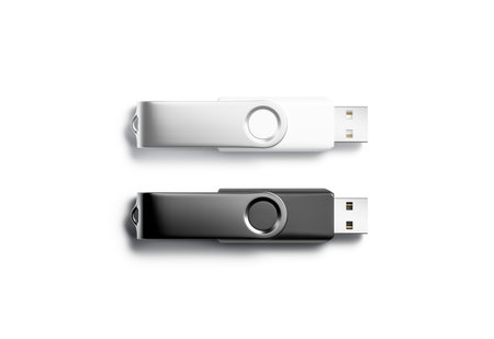 Blank black and white opened usb stick mock up, isolated, 3d rendering. Empty netstick or memo flash...