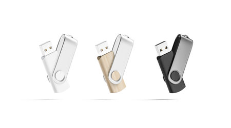 Blank black, white and wood usb stick mockup, no gravity