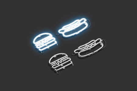Decorative burger and hot dog neon symbol mockupの写真素材
