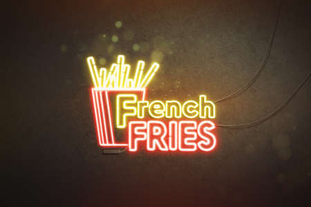 Neon french fries sign dark concrete wall, luminous font mockupの写真素材