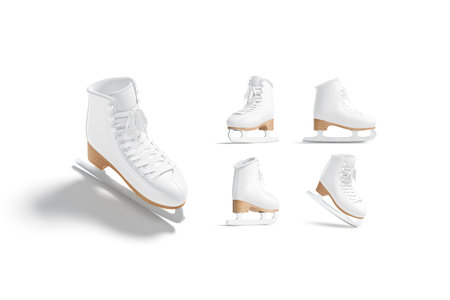 Blank white ice skates with blade, lace mockup, different viewsの写真素材