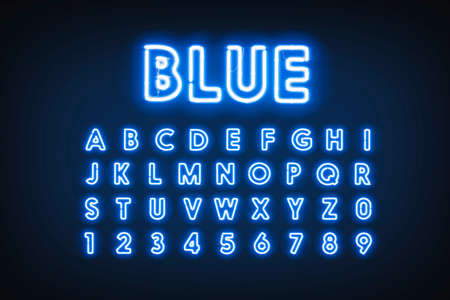 Blue neon capital letters and numbers, helium lighting fontの写真素材