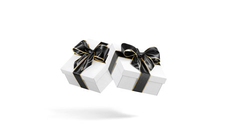 Blank white gift box with black ribbon mockup, no gravityの写真素材