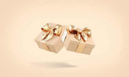 Blank gold gift box with ribbon mockup, no gravityの写真素材