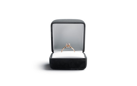 Blank black box with gold diamond ring stand mockup, isolatedの写真素材