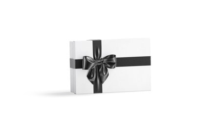 Blank white gift box with black ribbon bow mockup, isolated