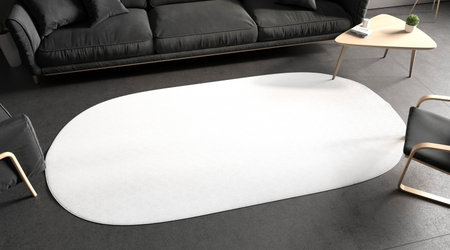 Blank white oval interior carpet in room mockup, side viewの写真素材