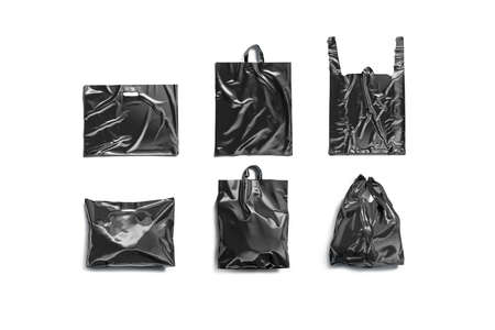 Blank black plastic bag mockup set, top view, different typesの写真素材