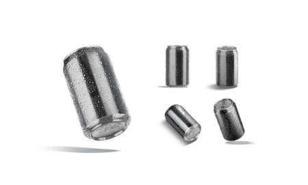 Blank black aluminum 330 ml soda can drops mockup, different views, 3d rendering. Emtpy wet bank...