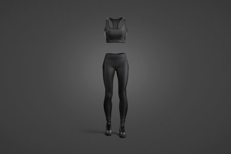 Blank black women sport uniform mockup, dark background, 3d rendering. Empty athletic tank top and leggies for gym mock up, front view. Clear woman fabric tracksuit for training template.の写真素材