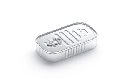 Blank aluminum sardine can mockup, side view, 3d rendering. Empty metallic jar or box for fish...