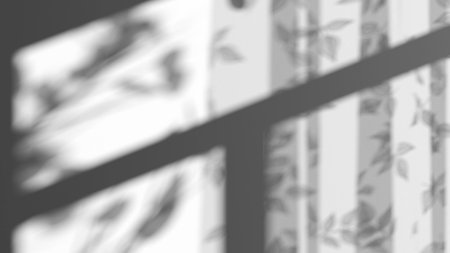 Gray shadow playing on curtain and foliage silhouette overlay, 3d rendering. Blurry shadiness or...