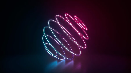 Colored neon glowing sphere frame lying in darkness, 3d rendering. Laser ultraviolet whirlpool or disc border base for space show. Twist or circular illuminated stage with colorful backlight template.の写真素材