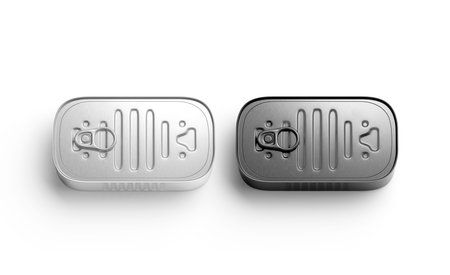 Blank white and black aluminum sardine can mockup, isolated, 3d rendering. Empty salted seafood in...